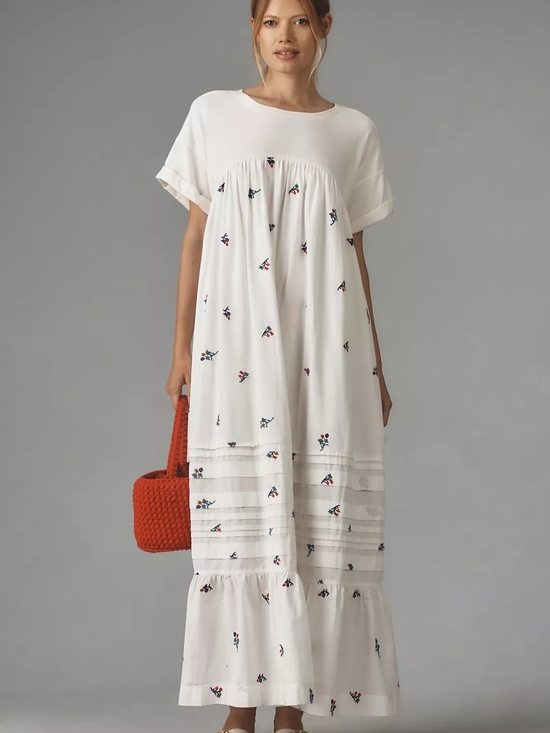 Pilcro Dresses & Skirts - Pilcro White Maxi Dress with Navy and Coral Embroidery